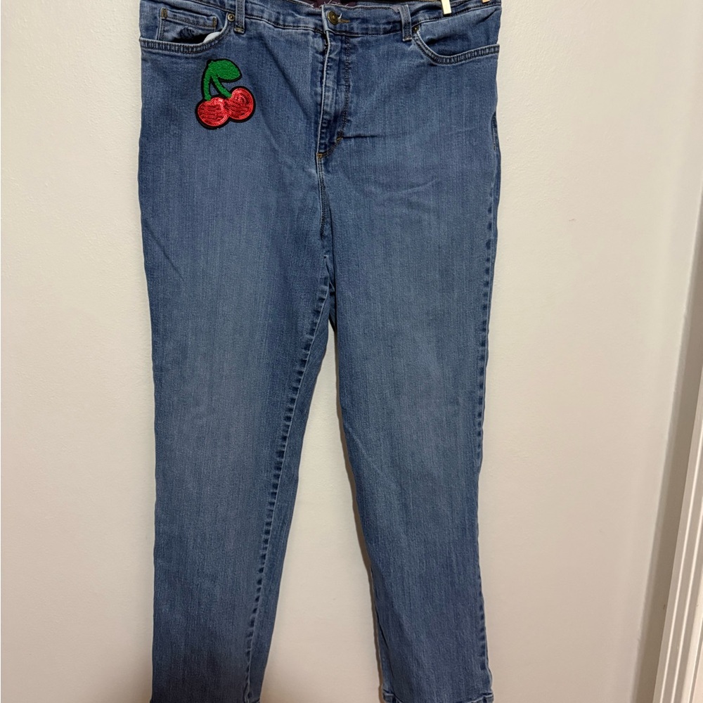 Blue Women's Denim Jeans with Cherry and Lemon Patch